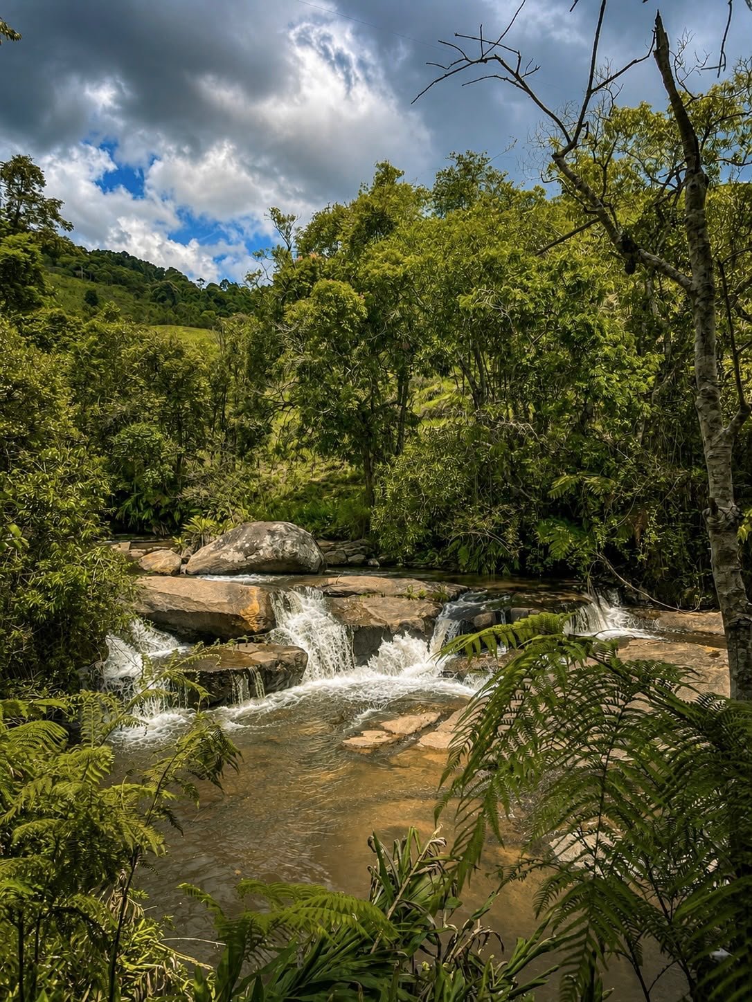 Cachoeira cercada por vegetação na Serra da Mantiqueira
